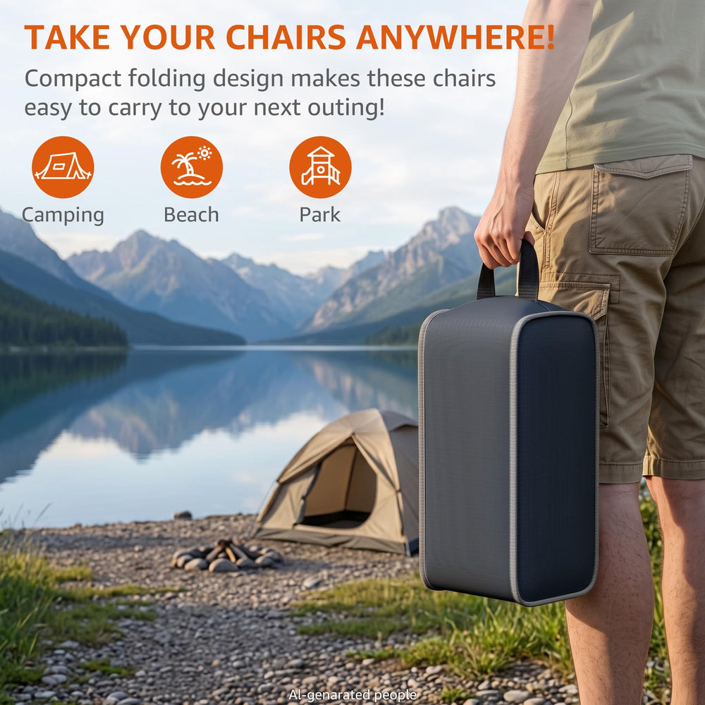 HAAGEEP chair next to backpack showing compact travel-friendly size