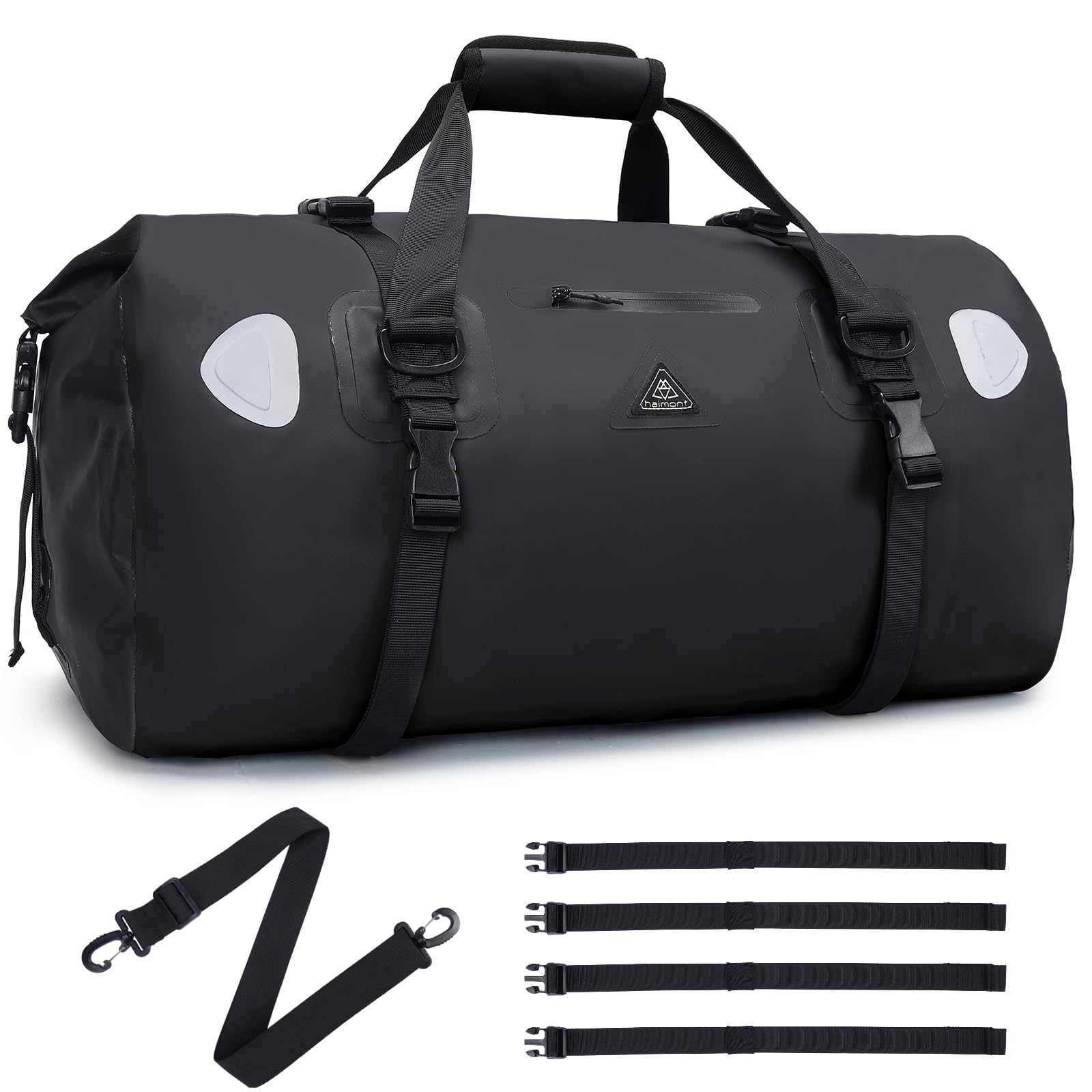 Haimont front view of 70L duffel showing waterproof body and secure buckles