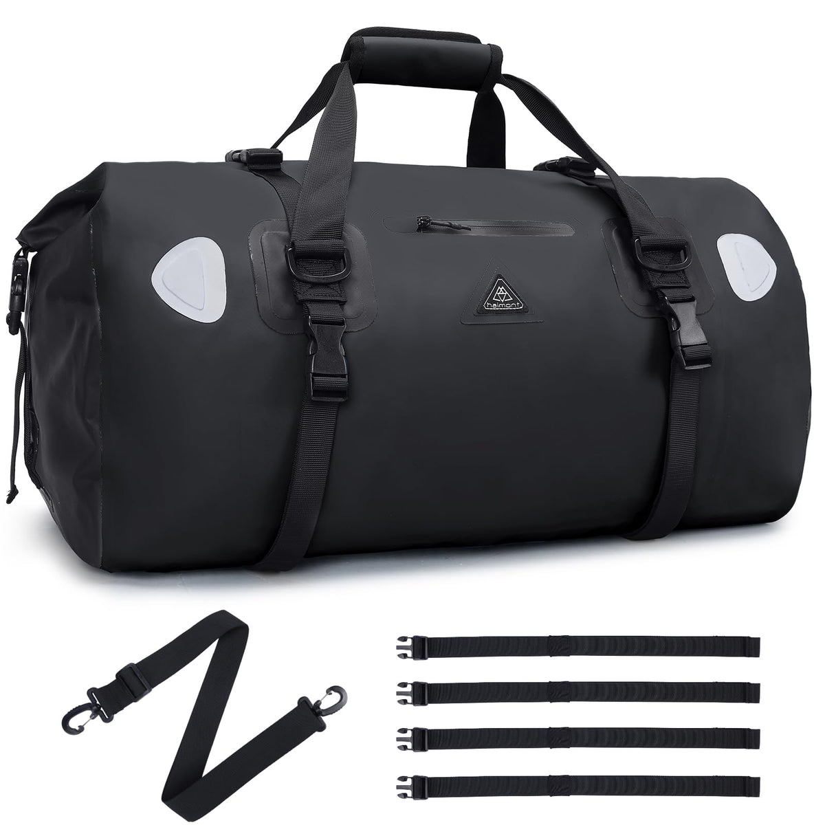 Haimont front view of 70L duffel showing waterproof body and secure buckles