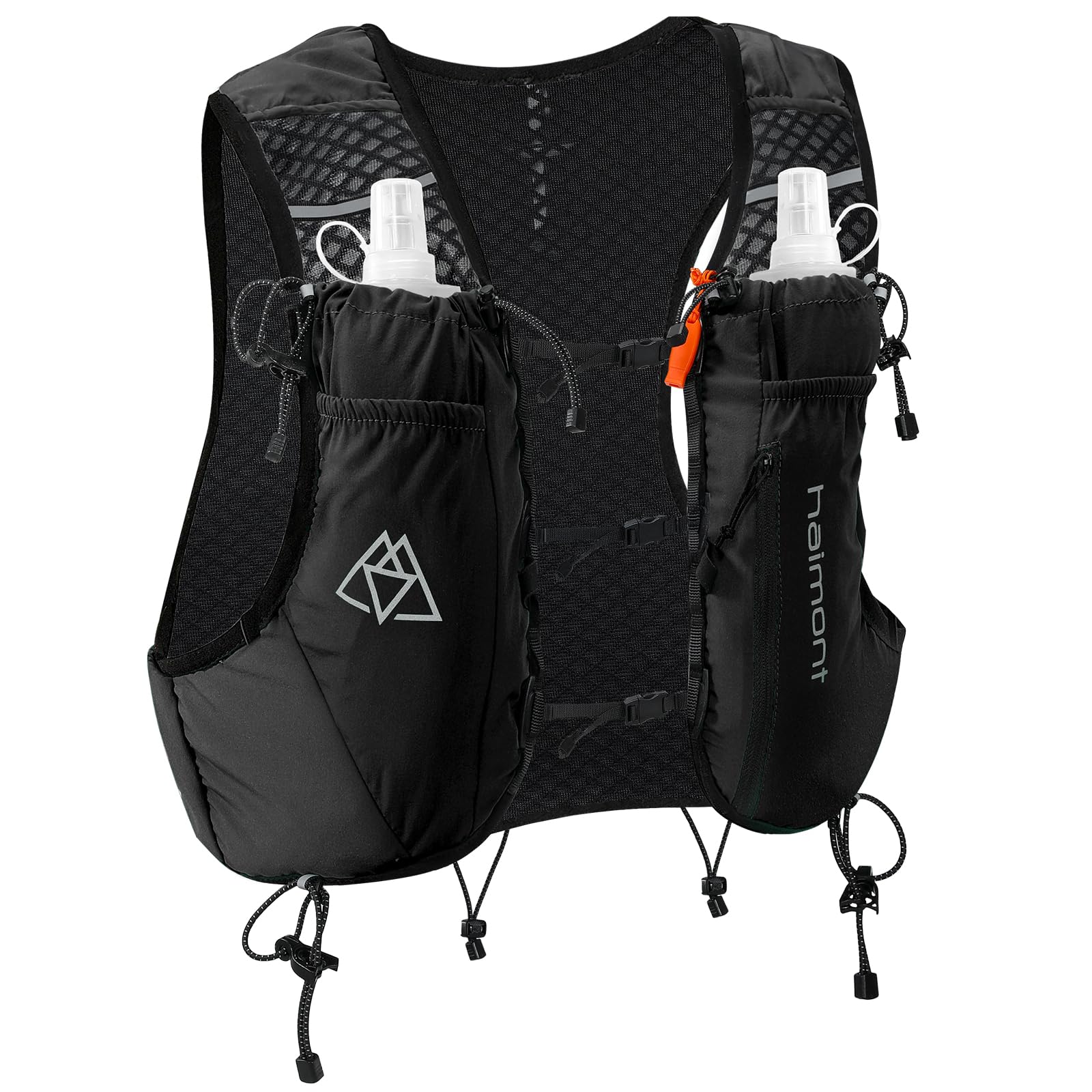 Haimont front view of vest showing pockets and included flasks for fast hydration