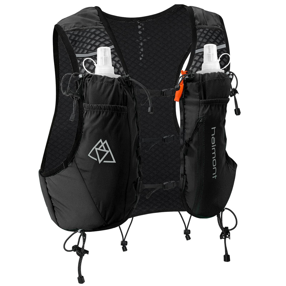 Haimont front view of vest showing pockets and included flasks for fast hydration