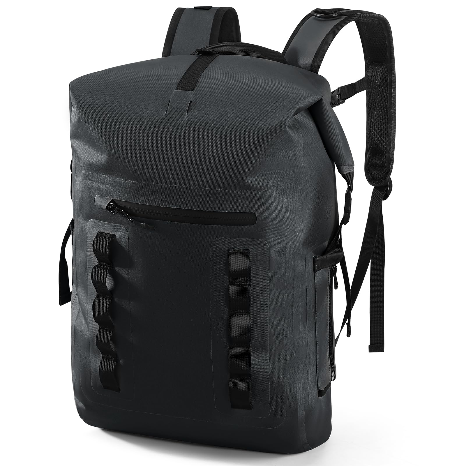 Haimont front view of black roll-top pack showing waterproof protection benefit