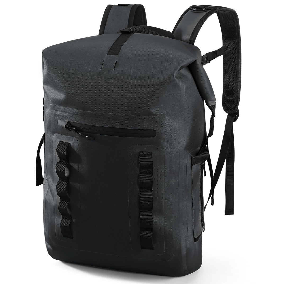 Haimont front view of black roll-top pack showing waterproof protection benefit