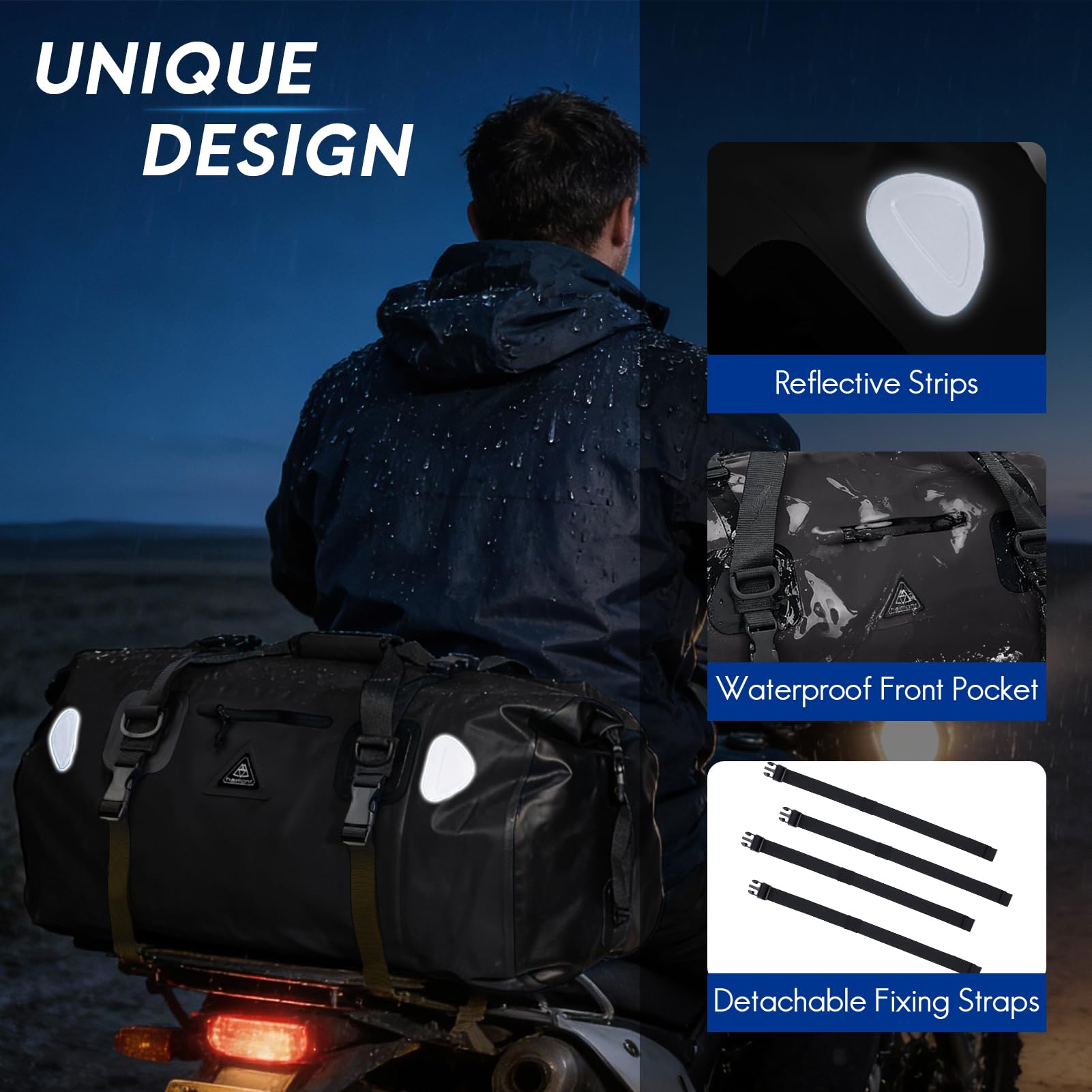 Haimont duffel mounted on motorcycle tail rack offering stable transport