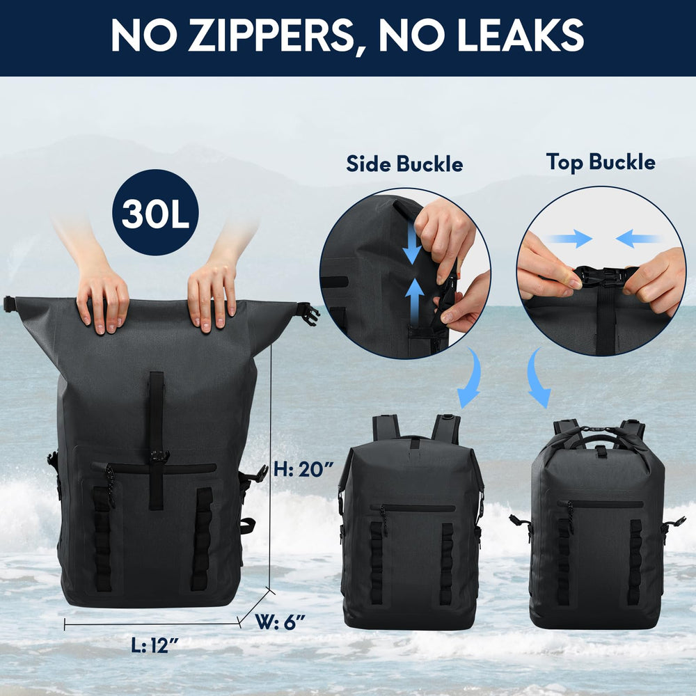 Haimont next to water bottle showing 30L capacity and compact travel benefit