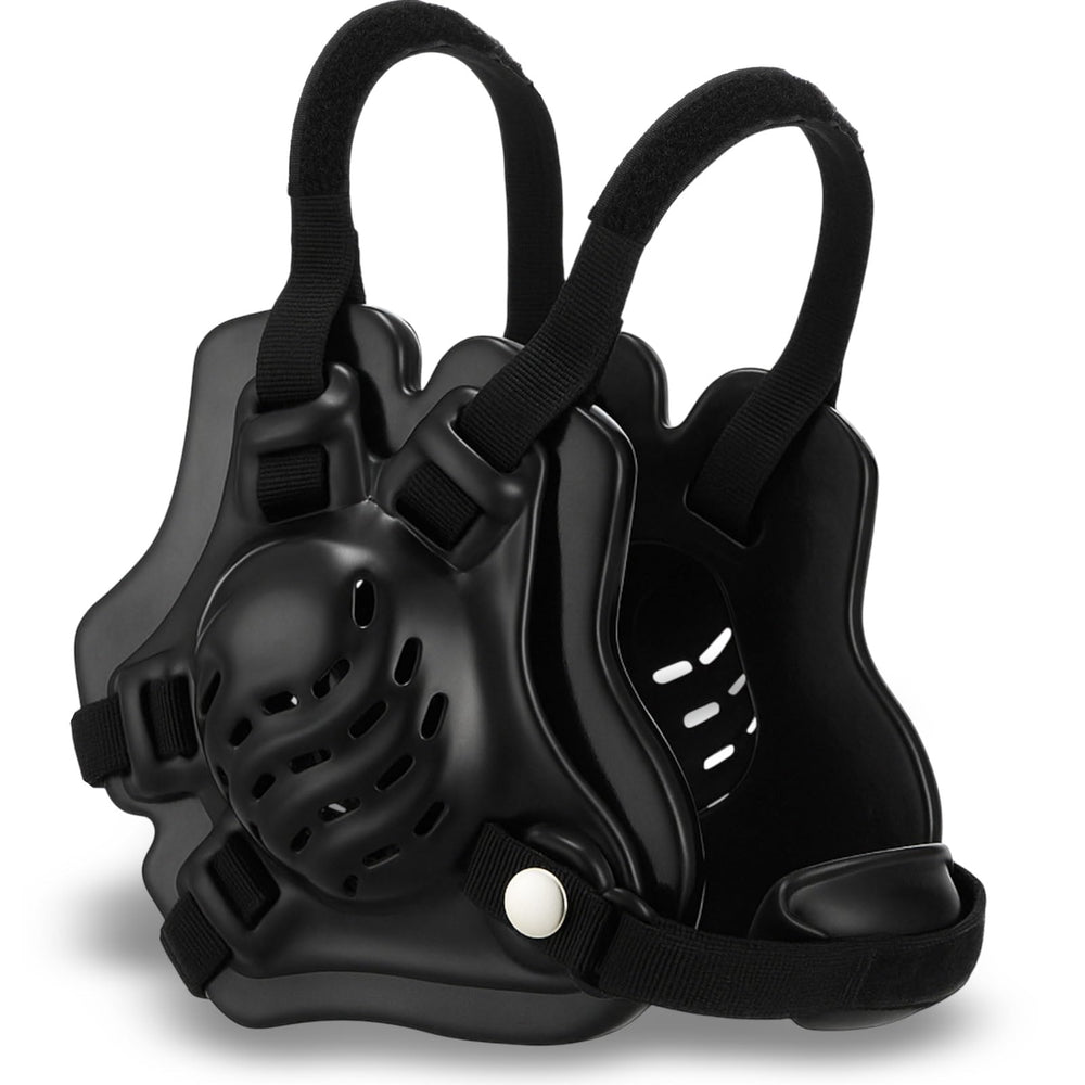 Halloscume front view black headgear showing full-face coverage and adjustable straps benefit protection