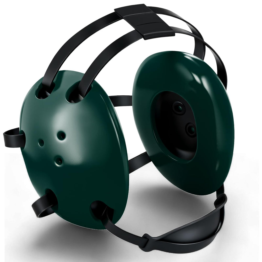Halloscume front view showing compact design and clear ear protection benefits