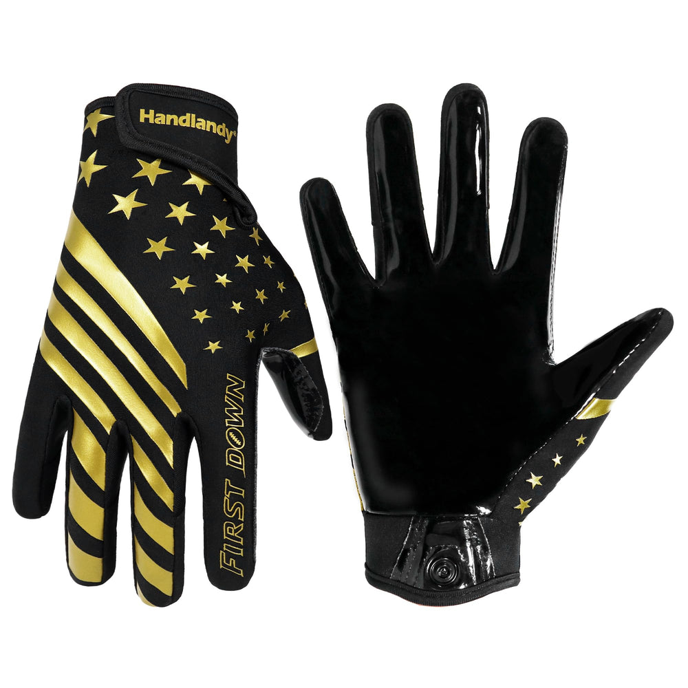 HANDLANDY front view of black gold gloves showing design and grip benefits