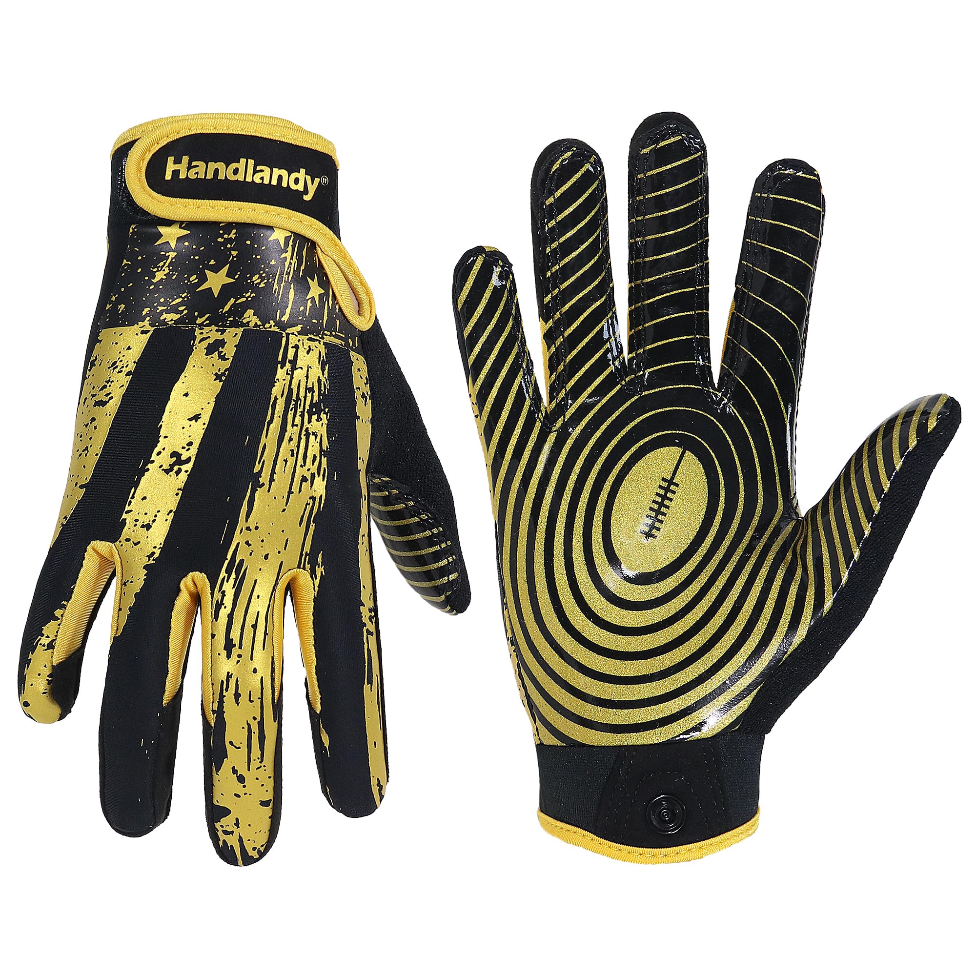 HANDLANDY front view of gold black gloves showing branding and fit benefit