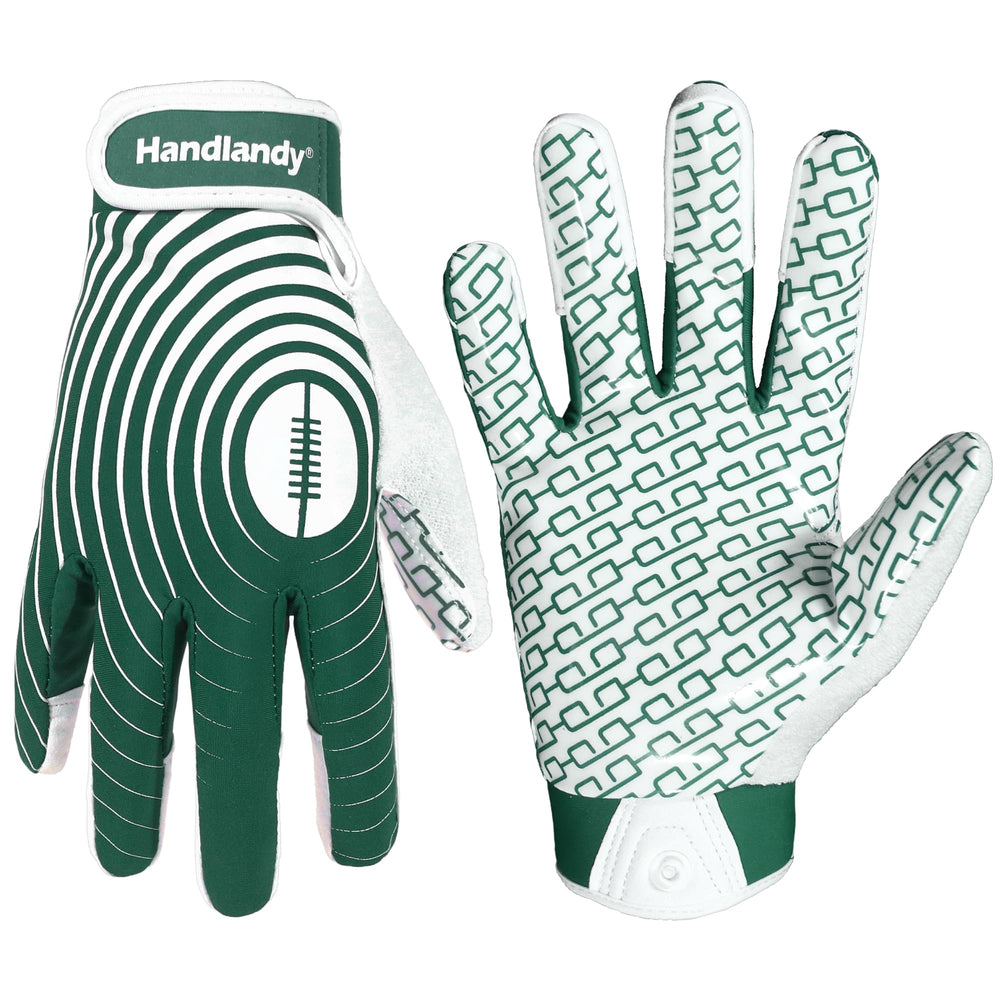 HANDLANDY front view of white and gold gloves showing design and branding benefit grip