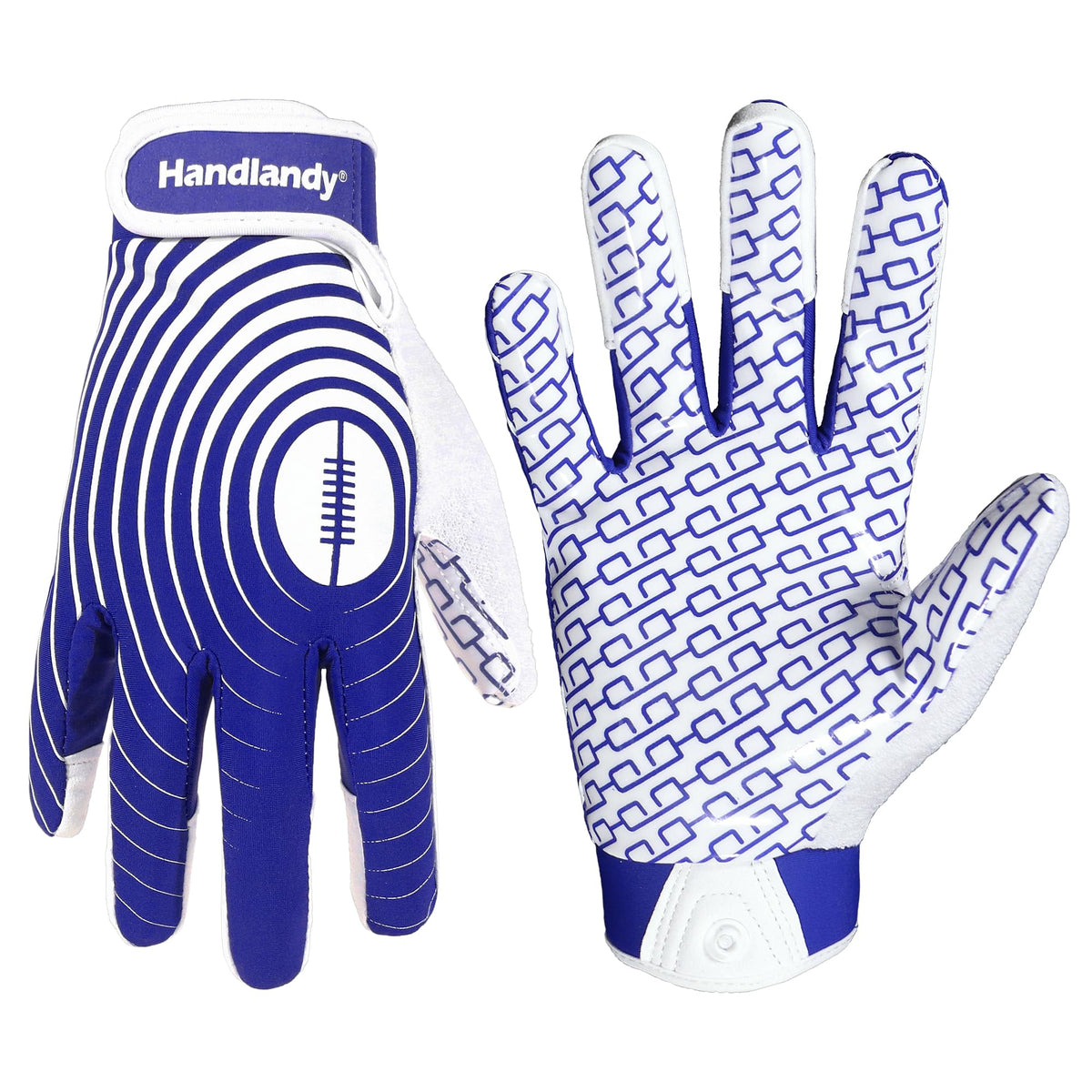 HANDLANDY front view of white and gold youth football gloves showing branding and color