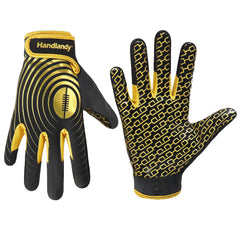 HANDLANDY front view of glove showing black and gold design and improved catch