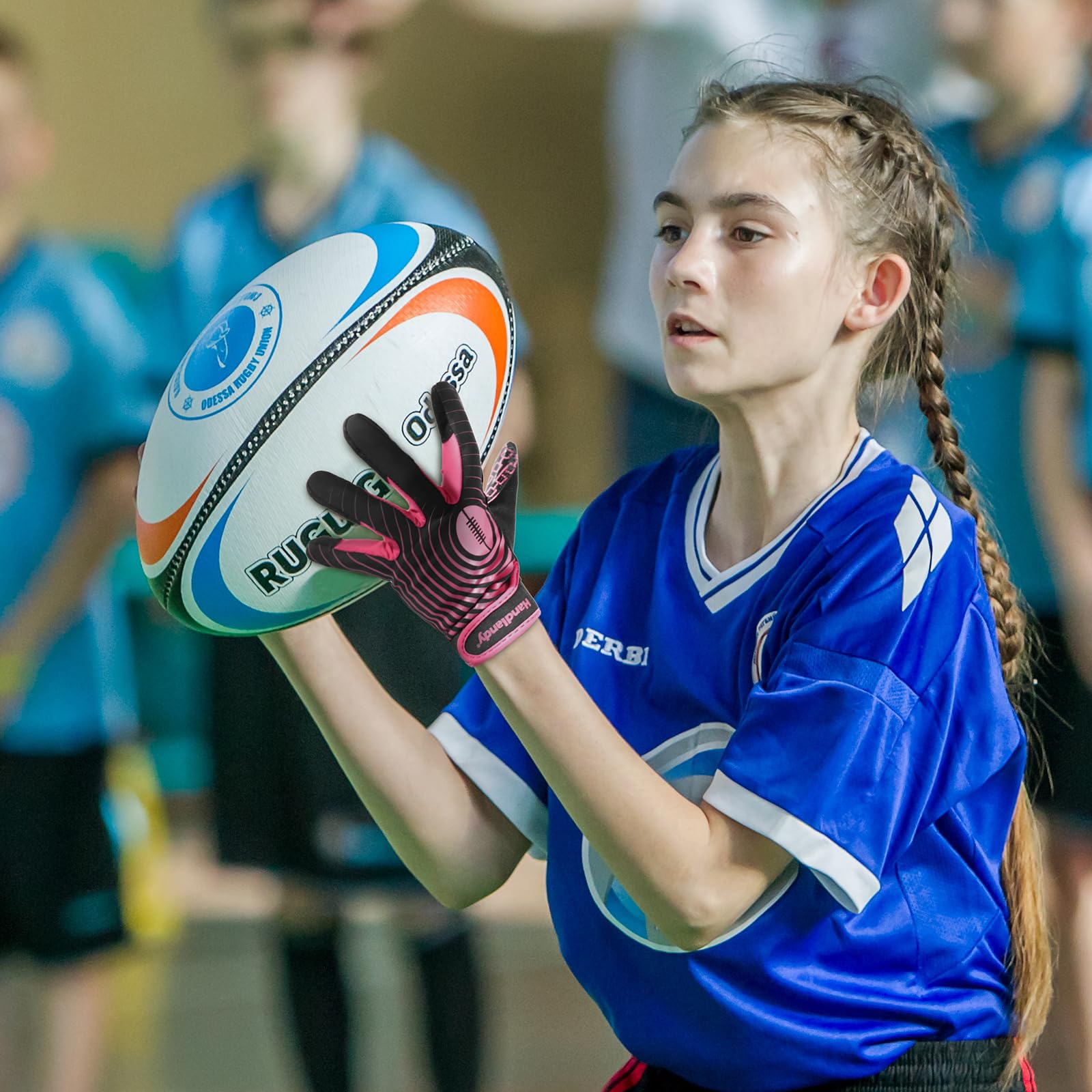 HANDLANDY gloves beside youth hand demonstrating X-Small size fit benefit
