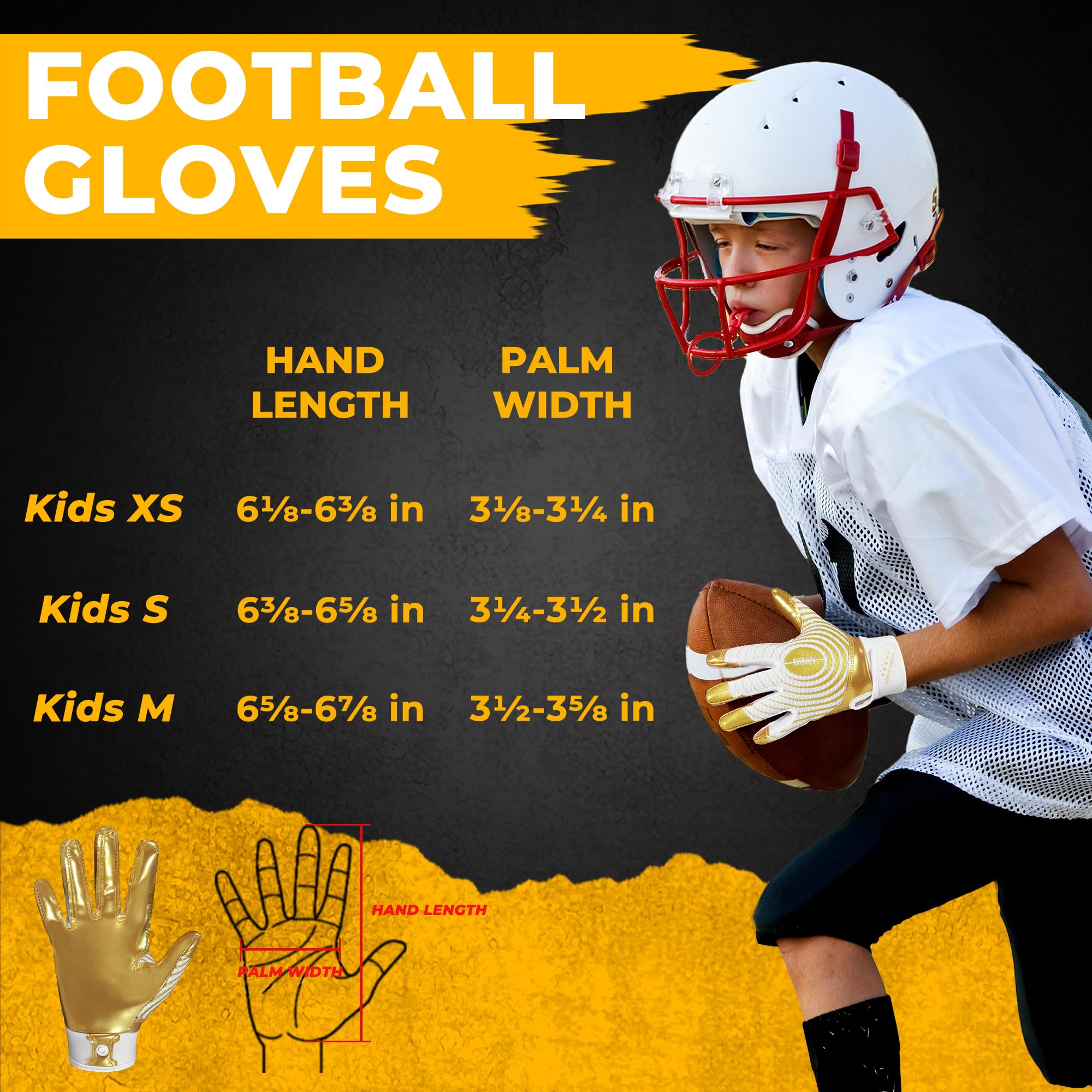 HANDLANDY gloves next to a football showing youth size and scale