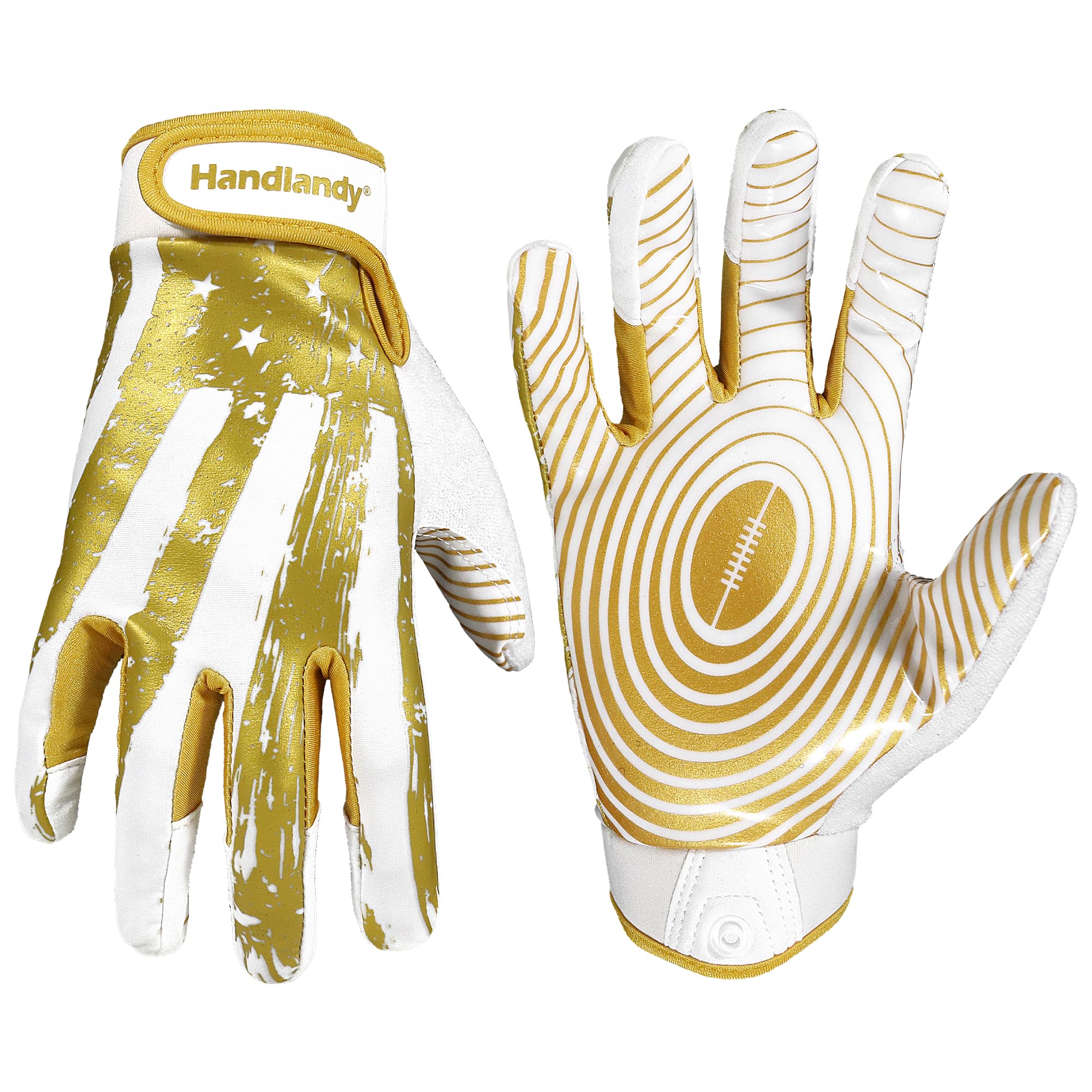 HANDLANDY front view of youth football gloves showing bright yellow design and branding, improves visibility