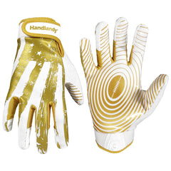 HANDLANDY front view of youth football gloves showing bright yellow design and branding, improves visibility
