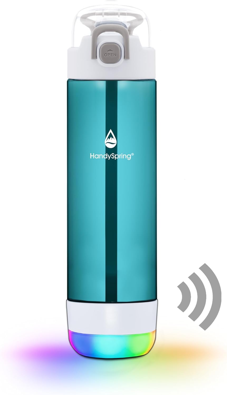 HANDYSPRING front view showing green bottle and clear branding, promotes easy hydration