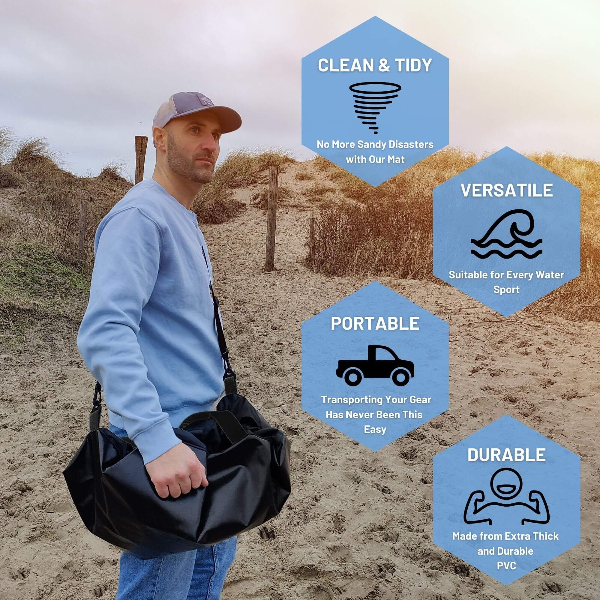 Hang 11 in use at beach while changing wetsuit giving sand-free convenience benefit