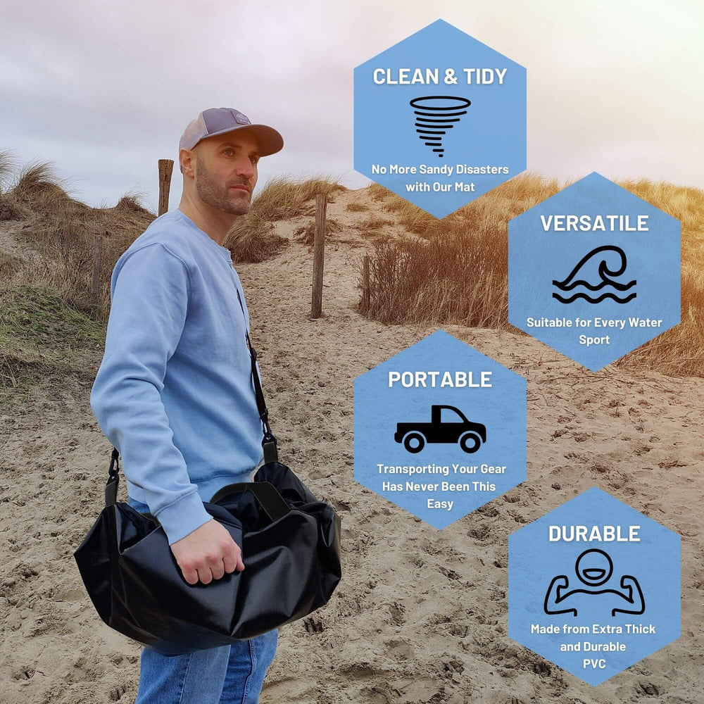 Hang 11 in use at beach while changing wetsuit giving sand-free convenience benefit