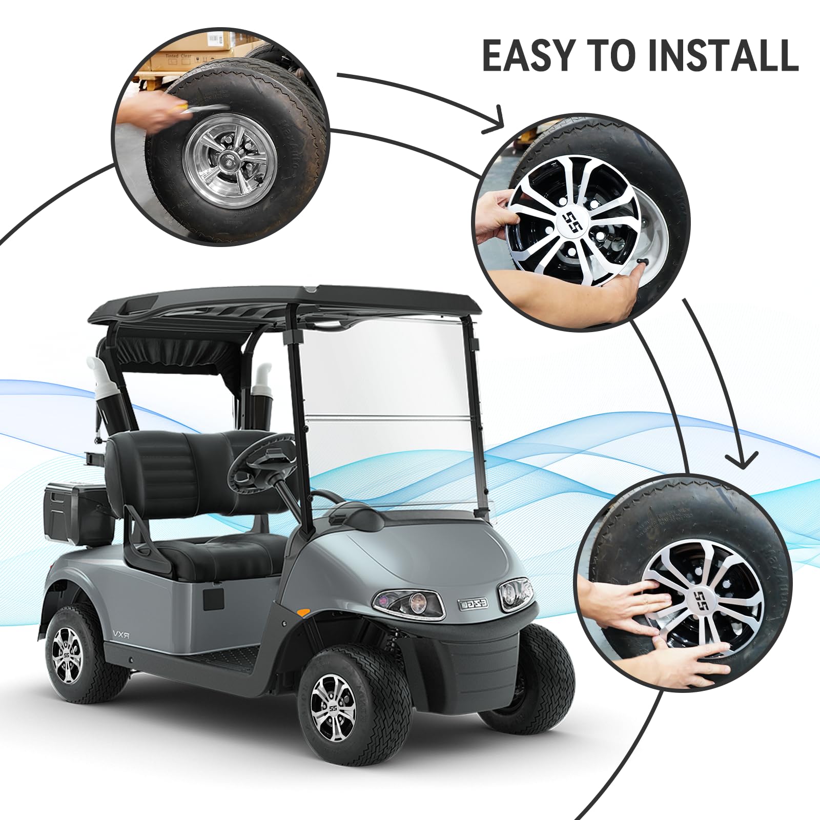HANGKUNNEE wheel covers on a golf course cart illustrating improved style and presence