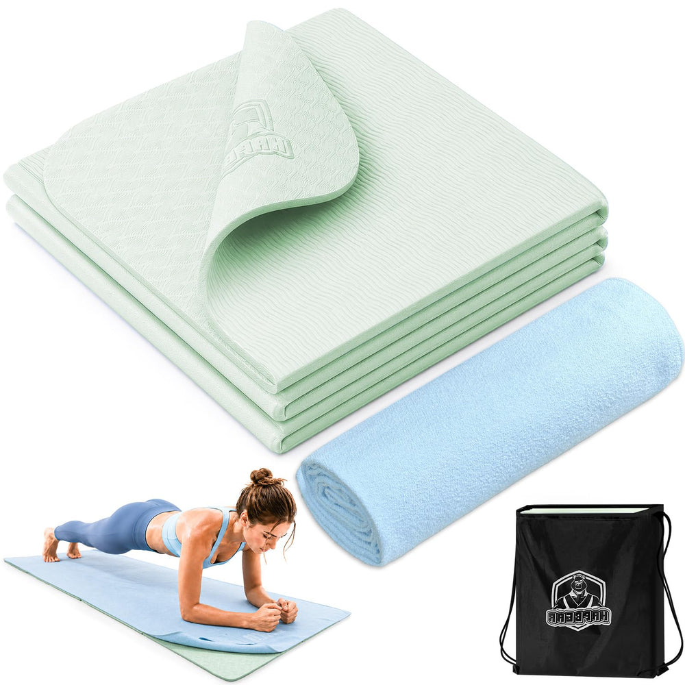 HAPBEAR foldable yoga mat front view showing full-size surface and portability benefit