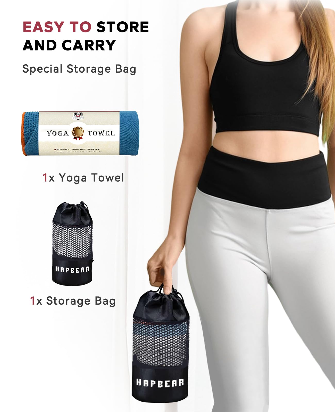 HAPBEAR towel folded inside carry pouch showing travel-ready convenience