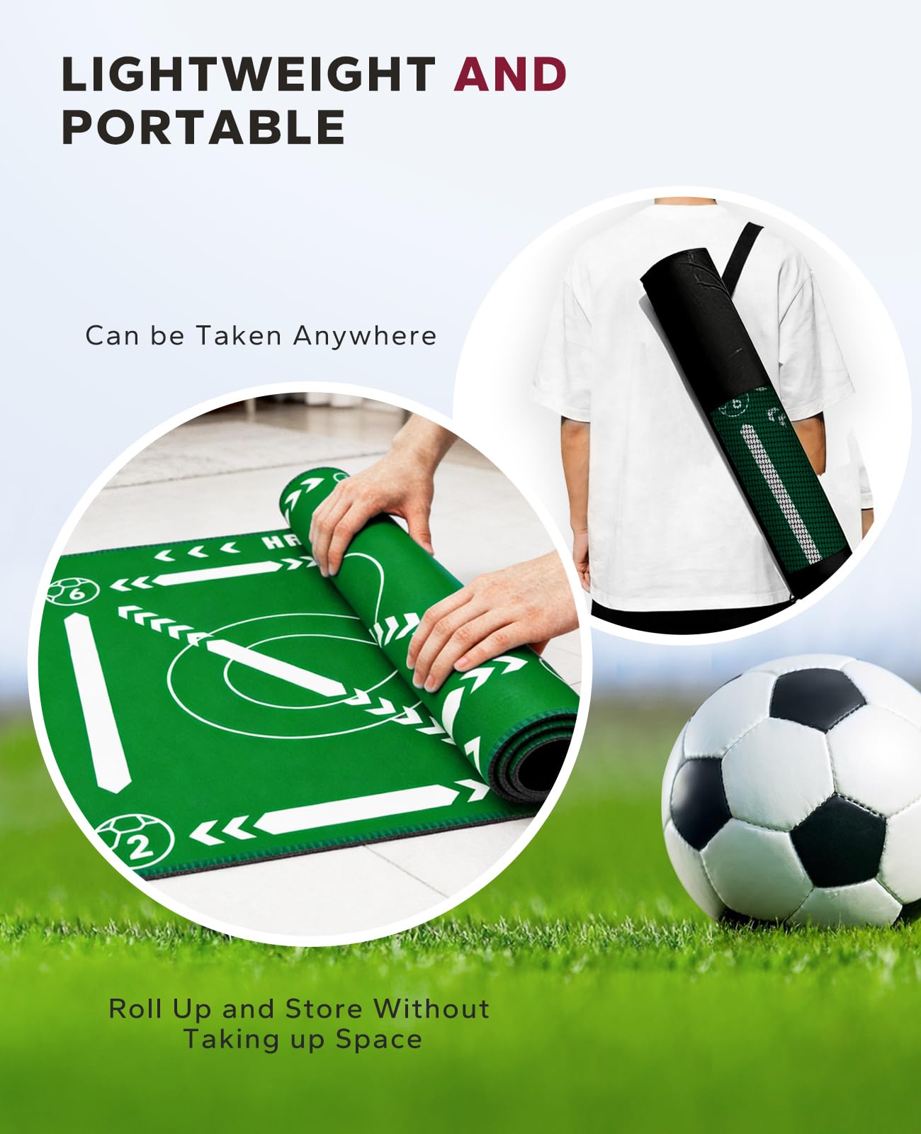 HAPBEAR mat next to soccer ball showing scale, compact training footprint