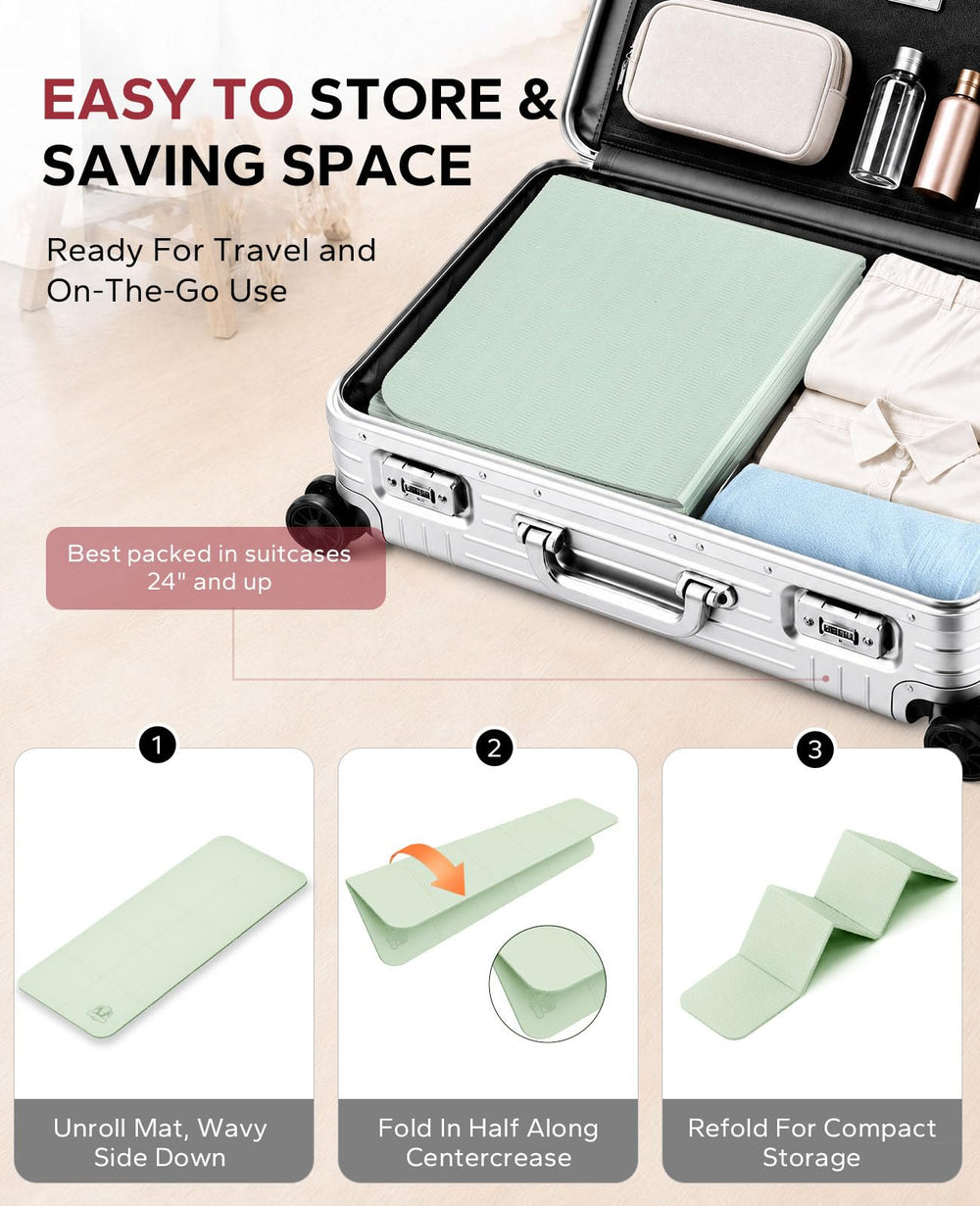 HAPBEAR mat packed in suitcase illustrating convenience for travel workouts