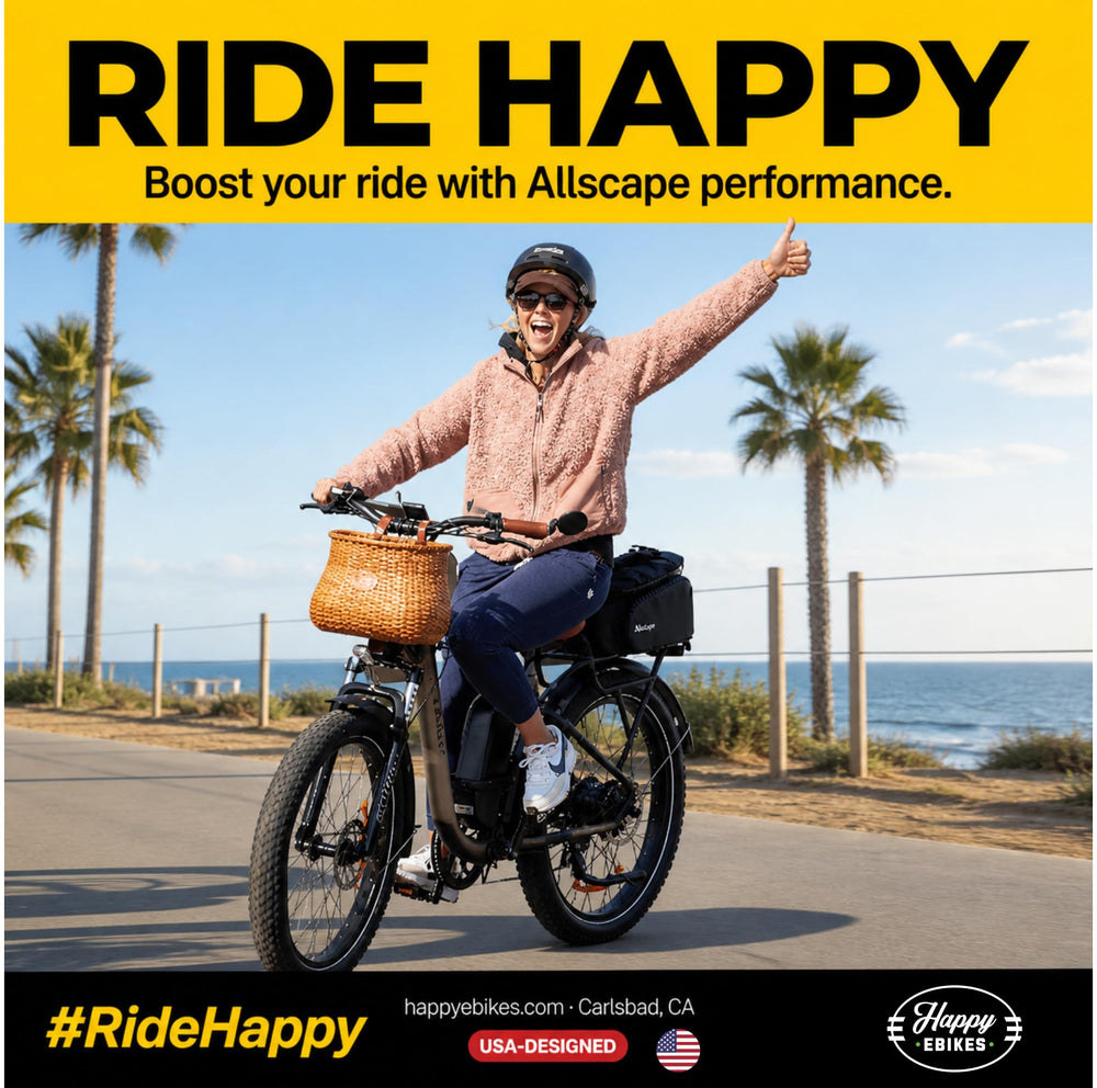 Happy Ebikes packaging and label showing product info and U.S.-based branding
