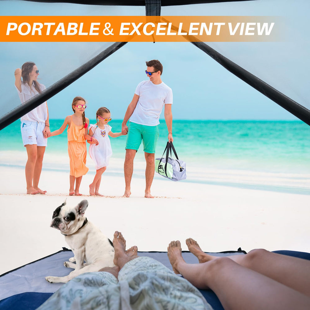 HAPPY TRAVEL family using tent on beach enjoying privacy and sunshade