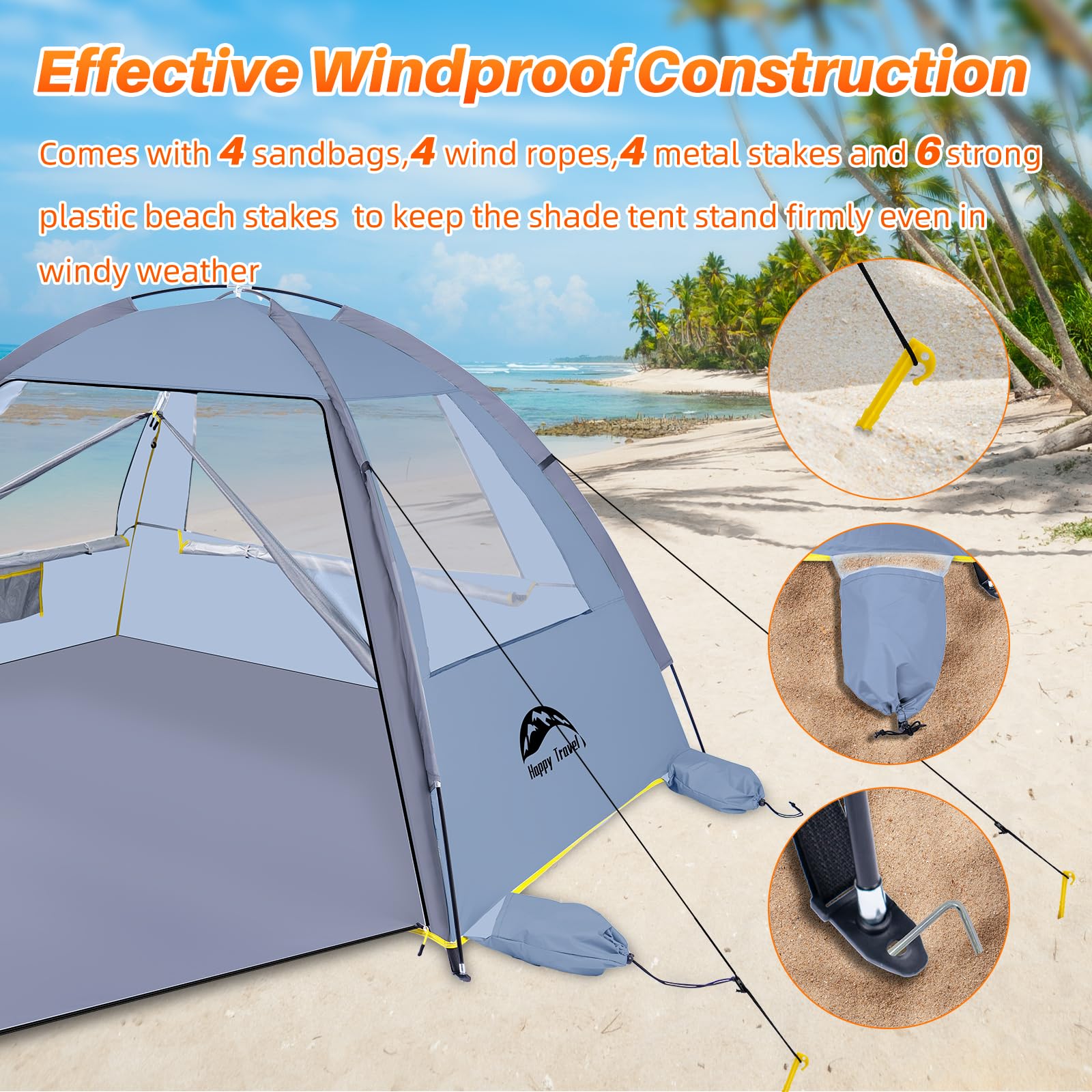 HAPPY TRAVEL pole, stakes and sandbags illustrating sturdy windproof anchors
