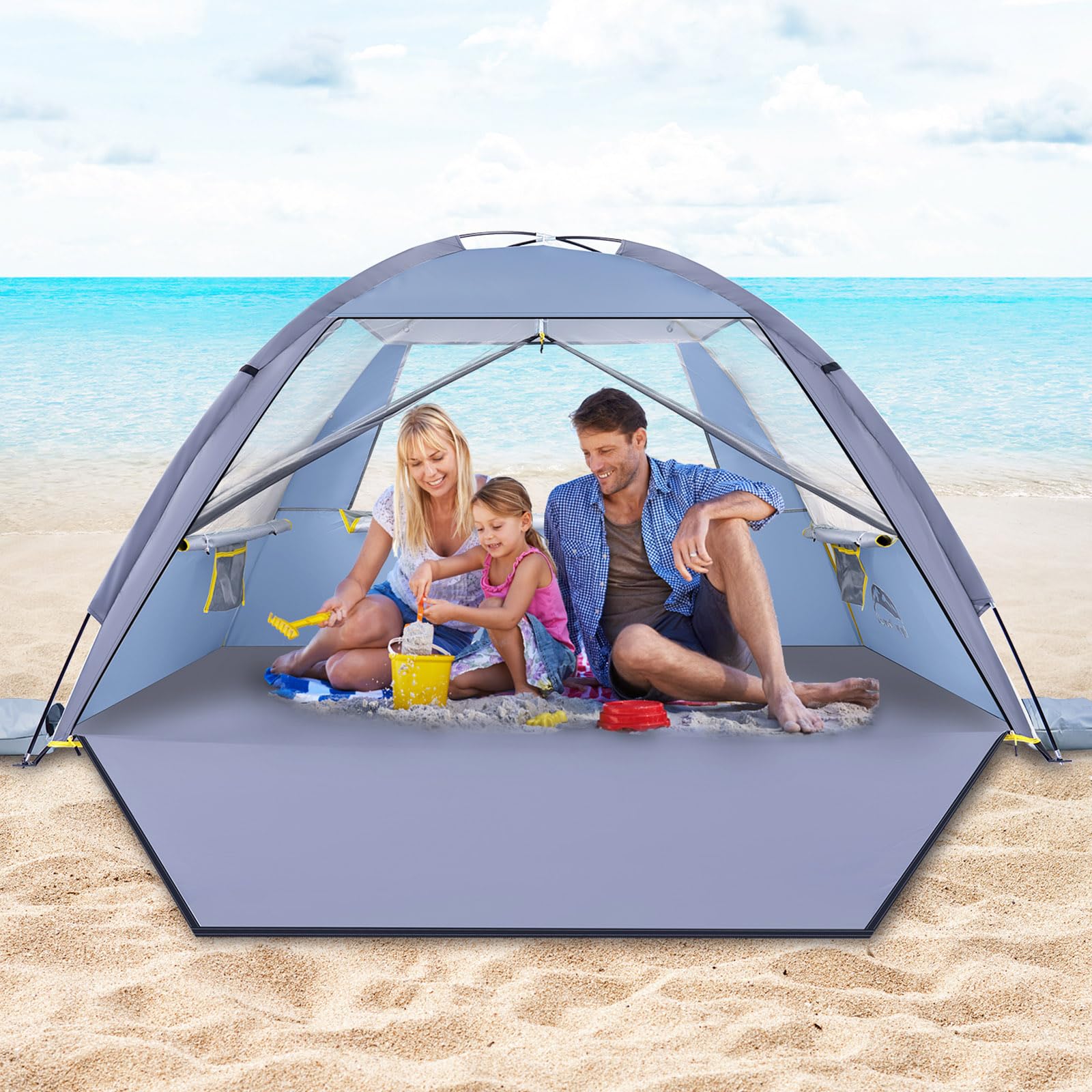 HAPPY TRAVEL front view showing full beach tent shade and family-friendly space
