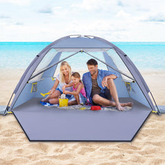 HAPPY TRAVEL front view showing full beach tent shade and family-friendly space
