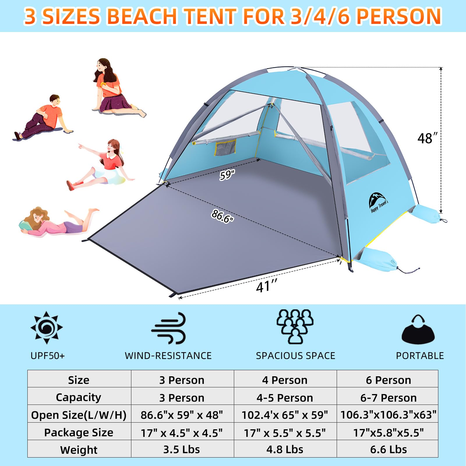 HAPPY TRAVEL lifestyle photo of family using tent on beach showing shade and privacy
