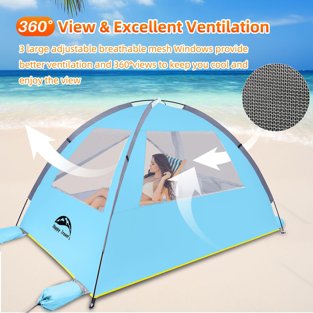 HAPPY TRAVEL ventilation windows and zippered door showing airflow and bug protection