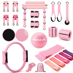 happylum front packaging showing complete pilates kit and contents for quick setup