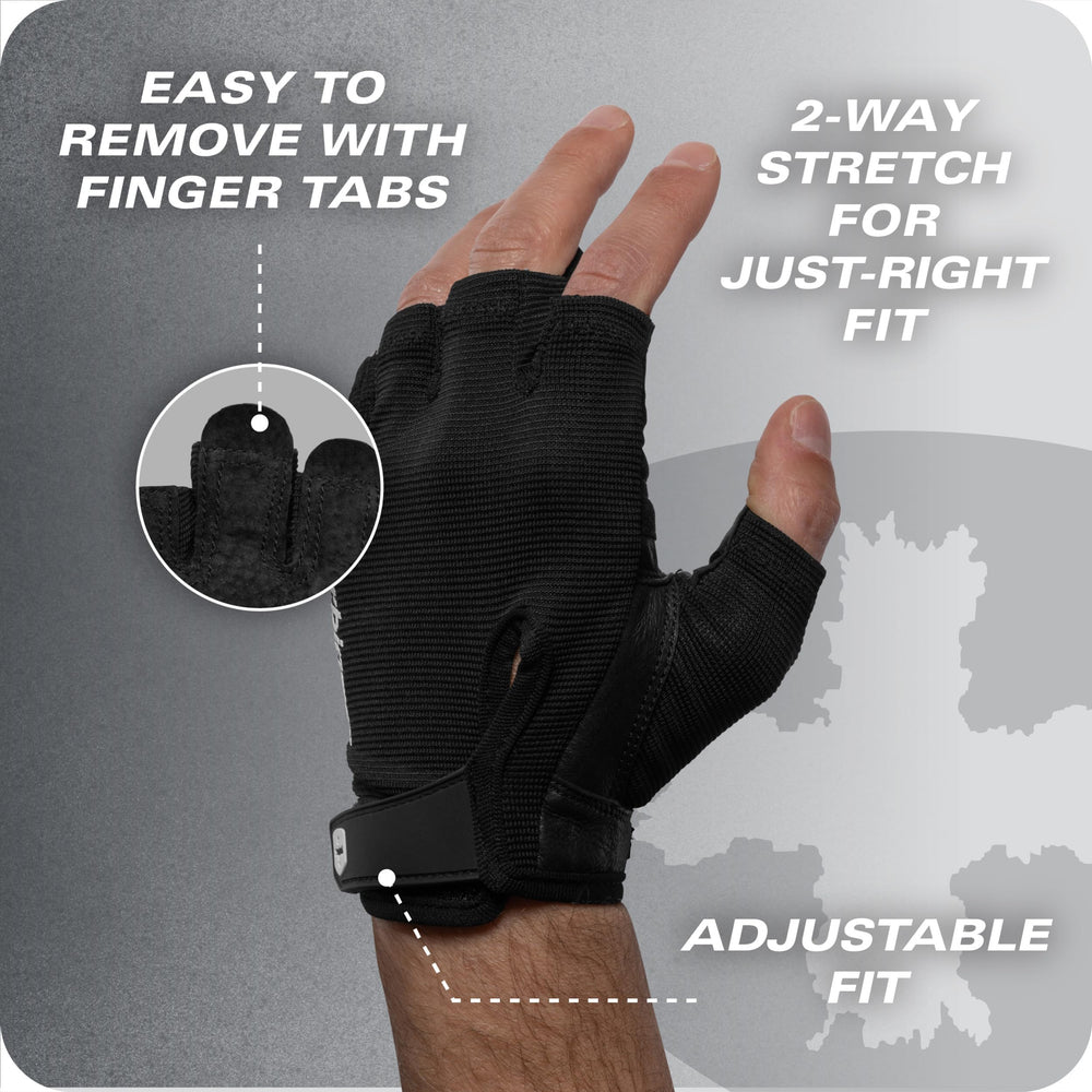 Harbinger glove beside a hand for size comparison ensuring accurate fit