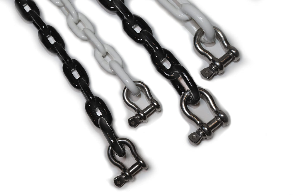 HarborCraft anchor chain front view showing coated links and shackle for deck protection