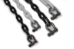 HarborCraft anchor chain front view showing coated links and shackle for deck protection