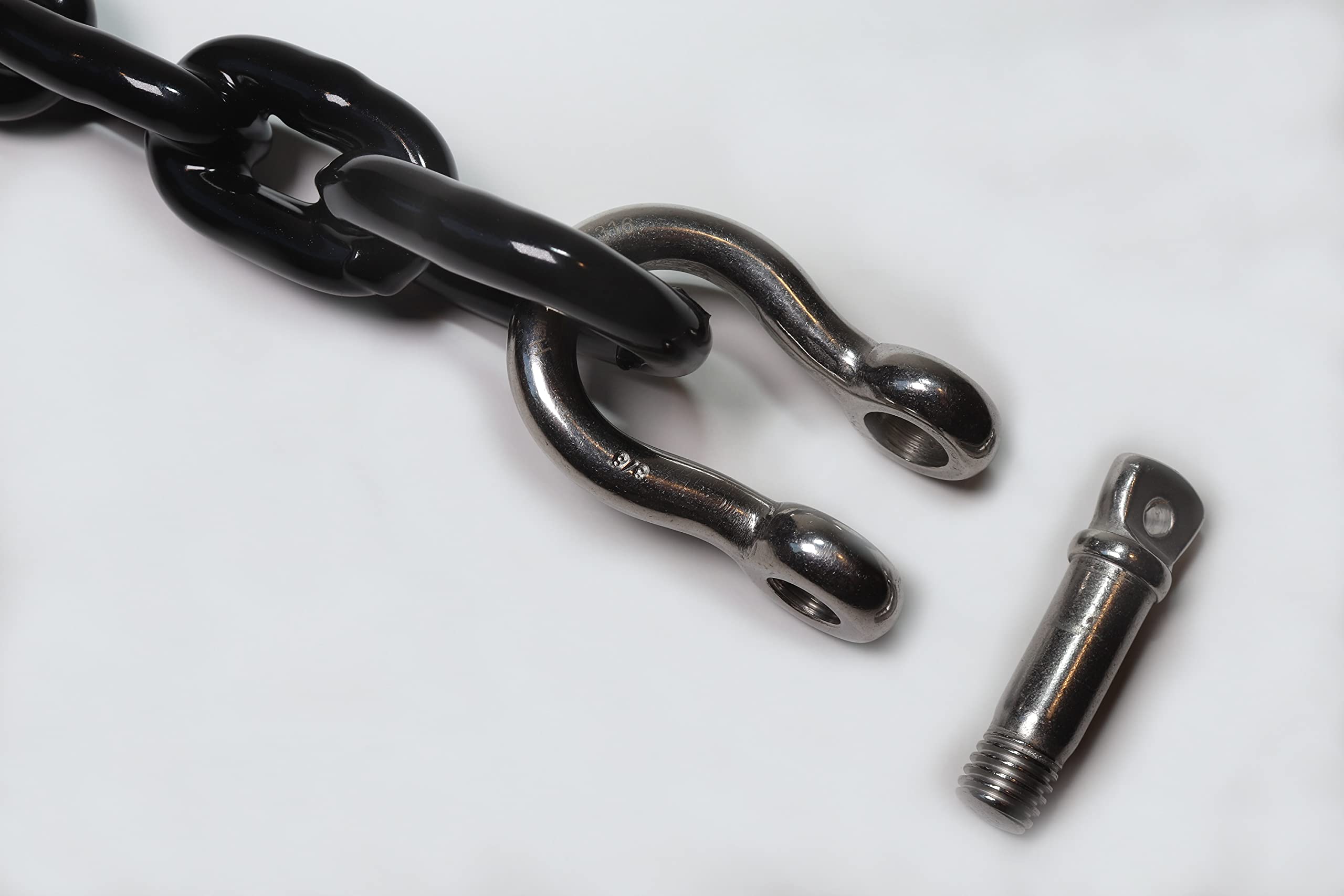 HarborCraft stainless steel shackle detail showing corrosion resistance benefit