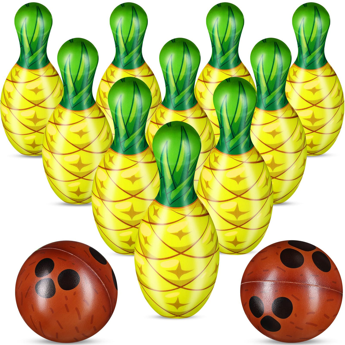 Harrycle front packaging showing colorful pineapple bowling pins and coconut balls, invites festive play