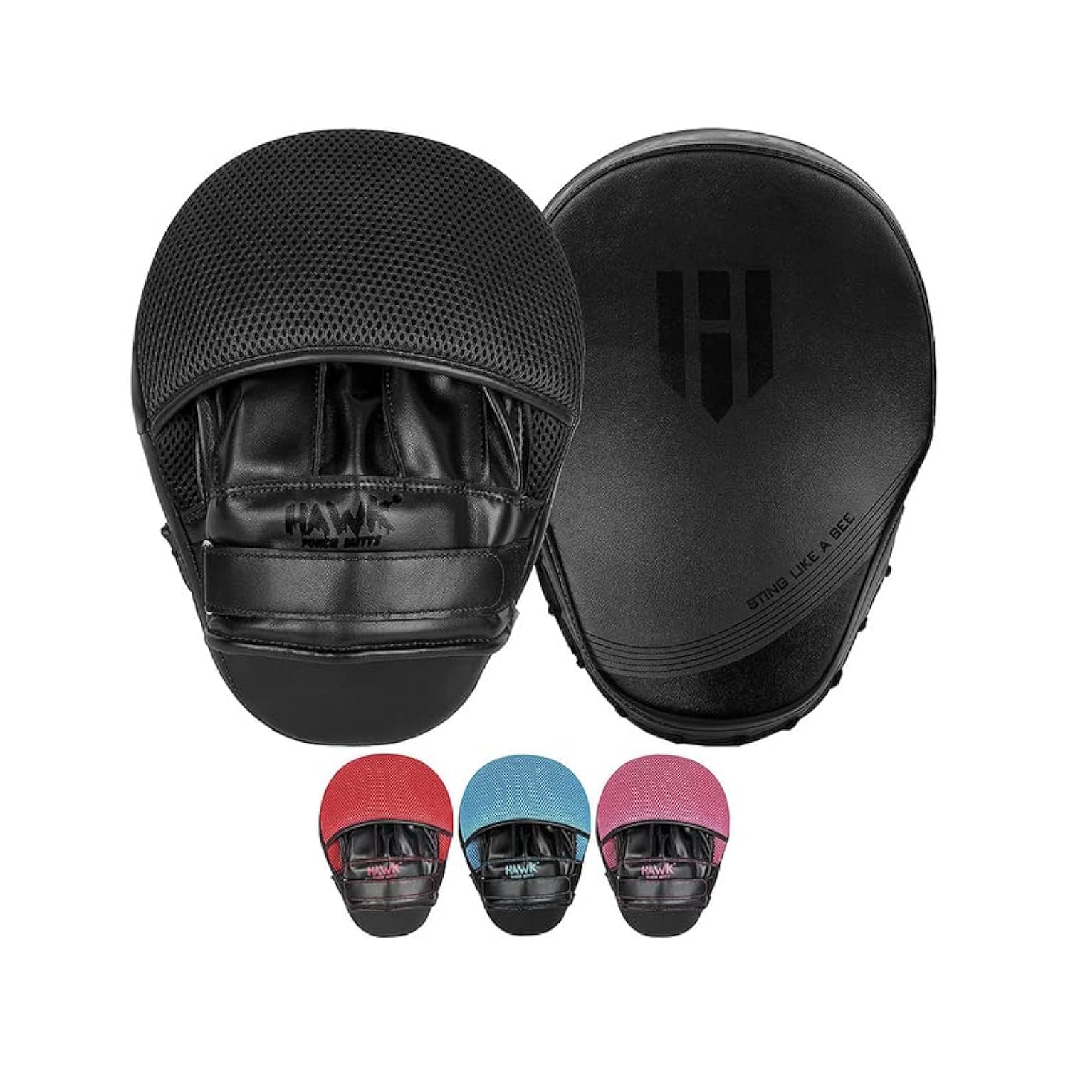 Hawk Sports front view boxing mitt showing full striking surface and durable leather benefit: clear target visibility