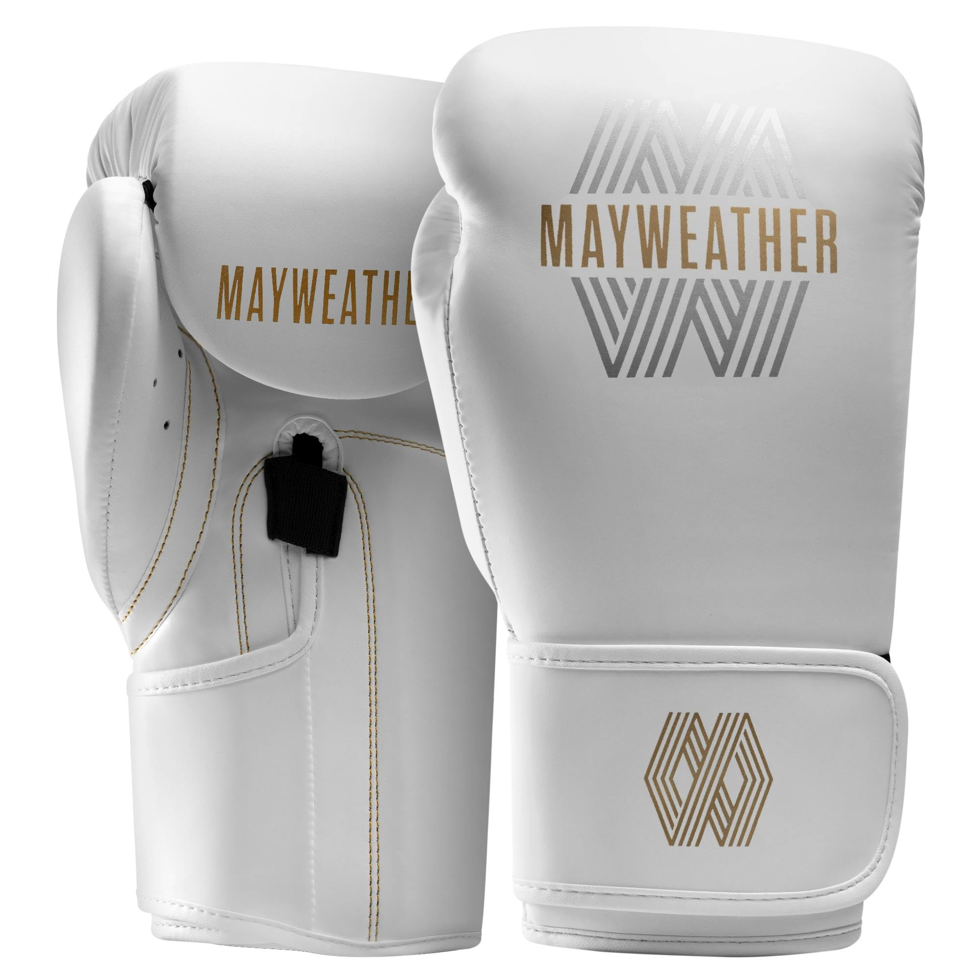 Hayabusa Mayweather Core front view showing white gold finish and branding benefit durability