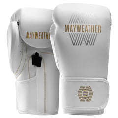 Hayabusa Mayweather Core front view showing white gold finish and branding benefit durability