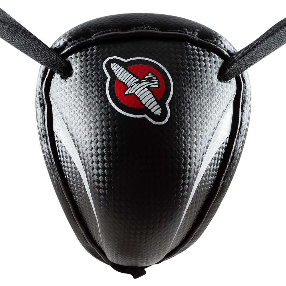 Hayabusa steel armoured cup front view showing shape and secure tie system for stable wear