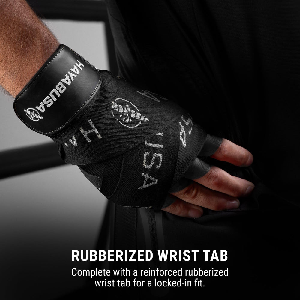 Hayabusa wraps wrapped on a hand hitting a heavy bag showing secure support
