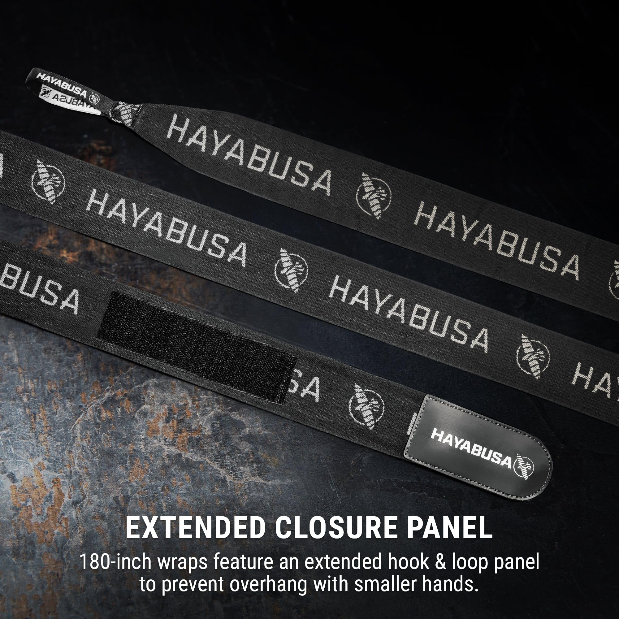 Hayabusa wraps alongside a boxing glove showing 180-inch length for coverage