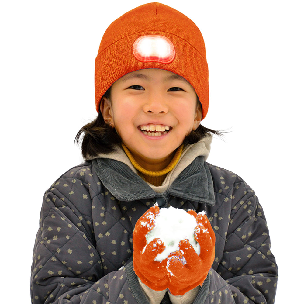 HEAD LIGHTZ front view of orange beanie and glove set showing compact light — visible safety