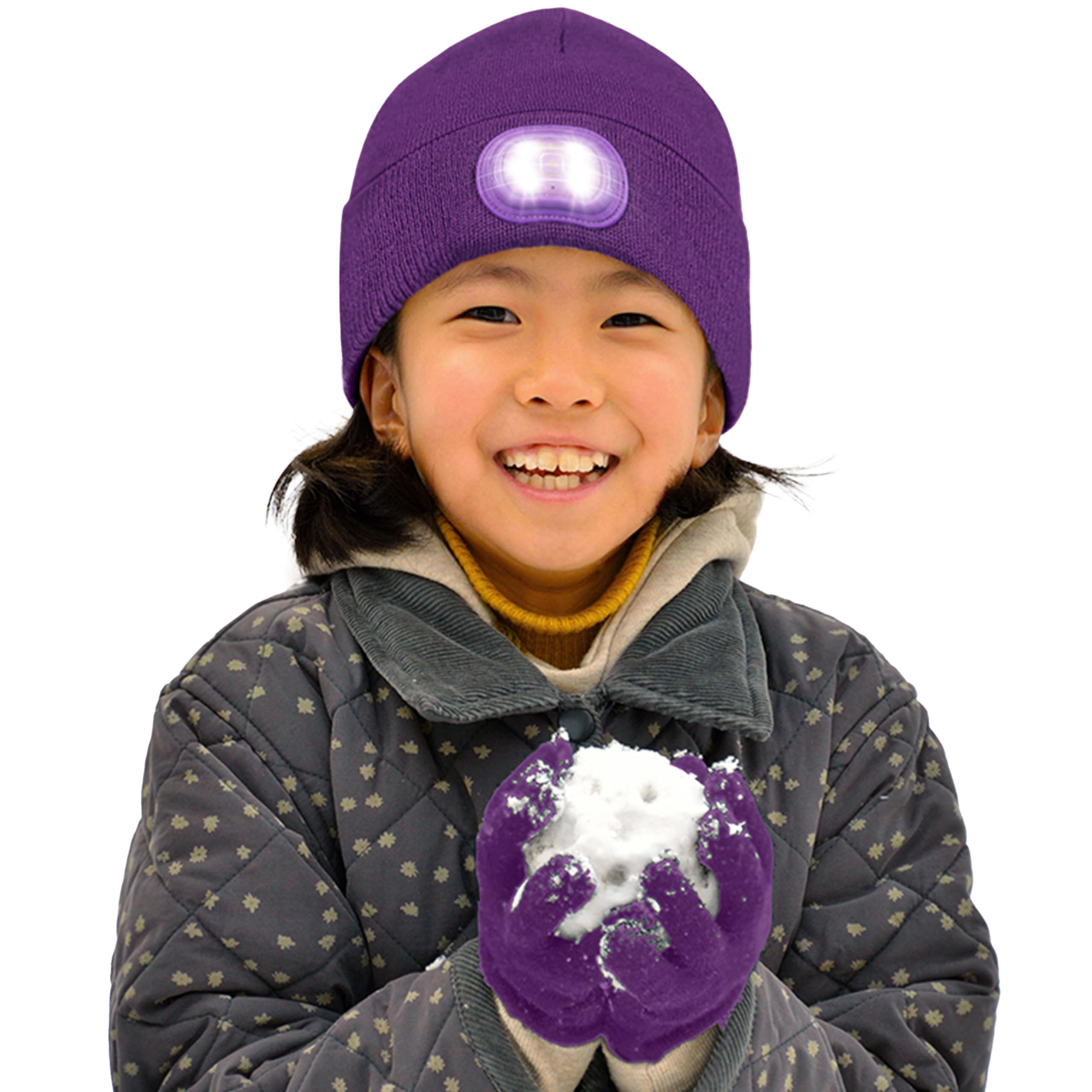 HEAD LIGHTZ purple beanie and gloves set front view, visible safety while playing