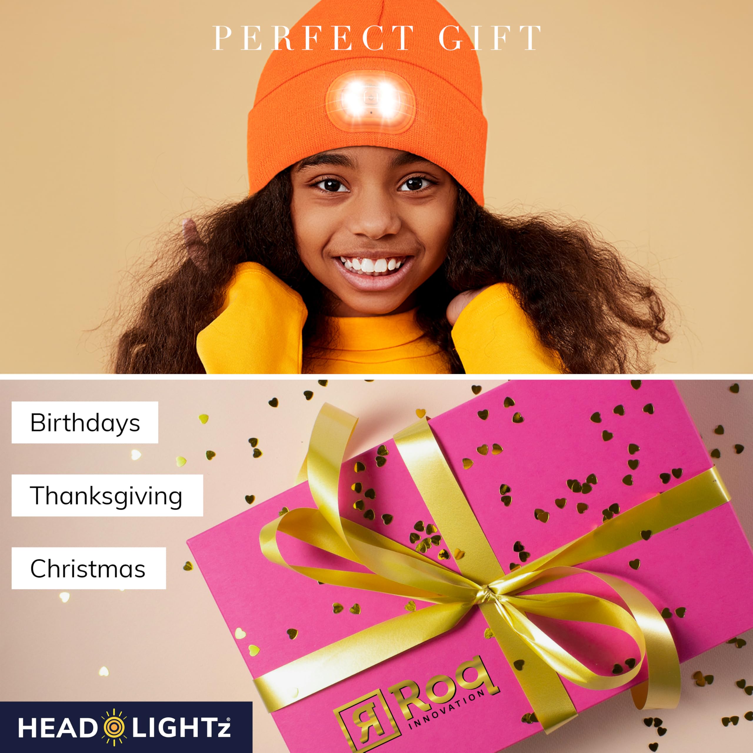 HEAD LIGHTZ packaging with USB cable, ready-to-gift and rechargeable convenience